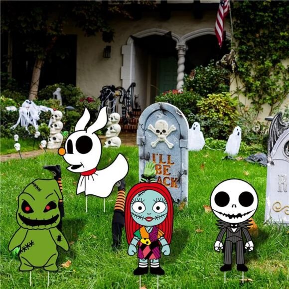 4PCS Christmas Yard Stake Signs with Jack Sally for Garden Lawn Party Prop Decor - Picture 4 of 7